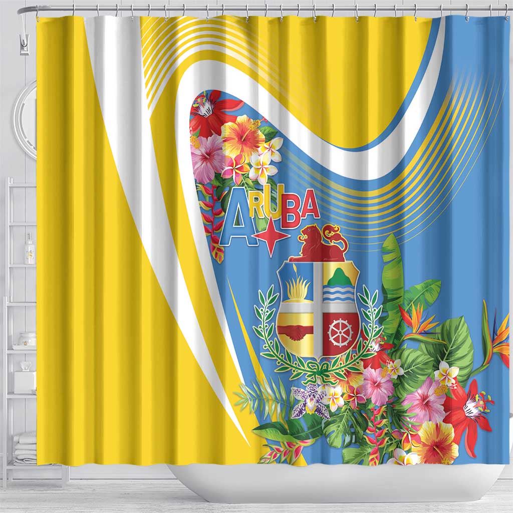 Aruba Shower Curtain Coat Of Arms With Tropical Flowers