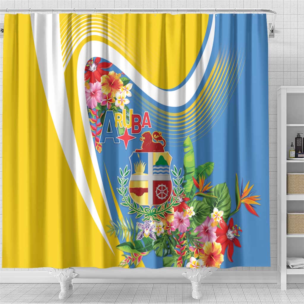 Aruba Shower Curtain Coat Of Arms With Tropical Flowers