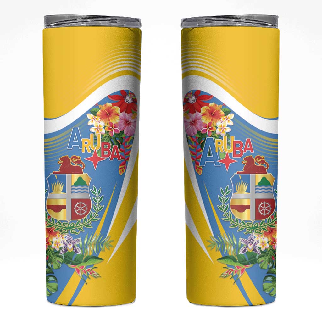 Aruba Skinny Tumbler Coat Of Arms With Tropical Flowers
