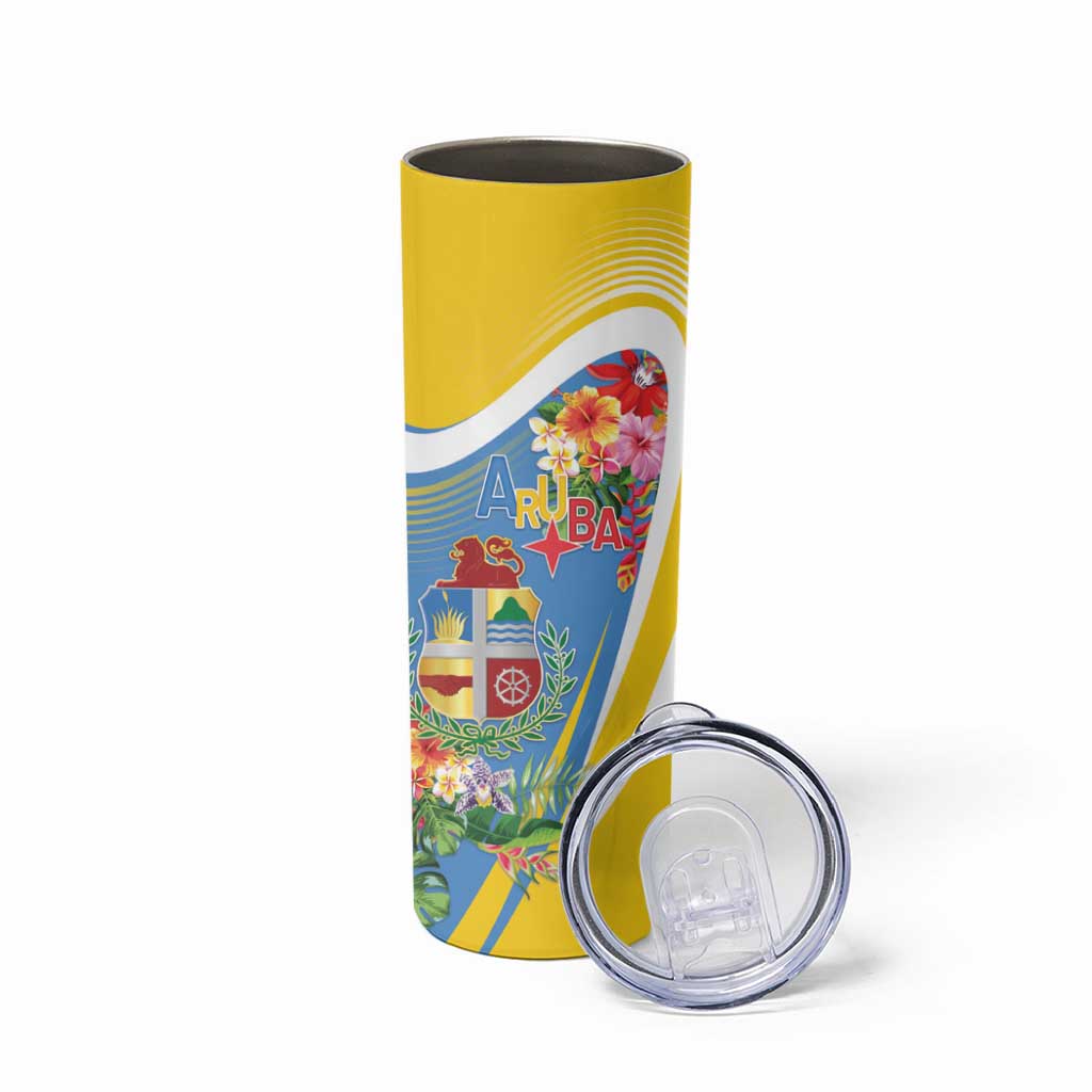 Aruba Skinny Tumbler Coat Of Arms With Tropical Flowers