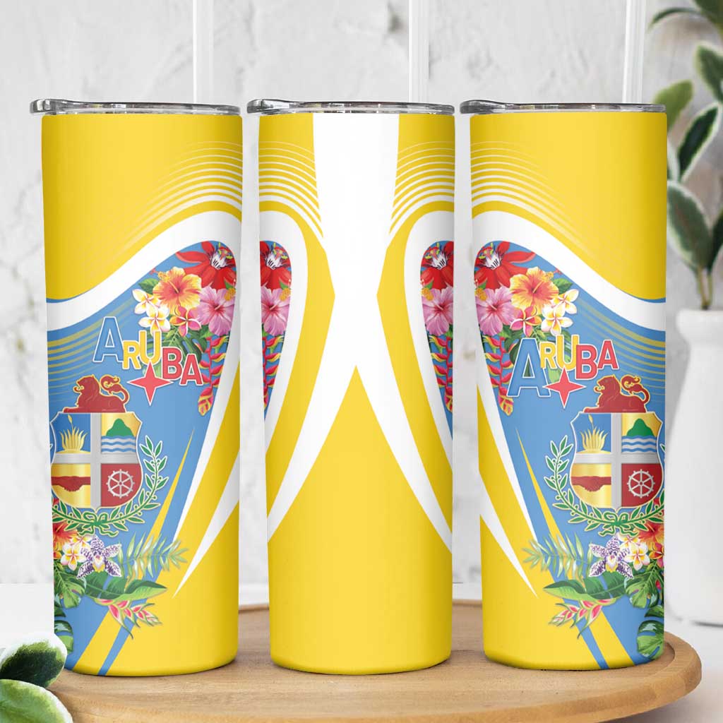 Aruba Skinny Tumbler Coat Of Arms With Tropical Flowers