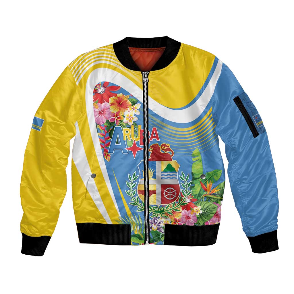 Aruba Sleeve Zip Bomber Jacket Coat Of Arms With Tropical Flowers