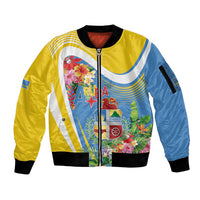 Aruba Sleeve Zip Bomber Jacket Coat Of Arms With Tropical Flowers