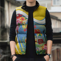 Aruba Sleeveless Puffer Jacket Coat Of Arms With Tropical Flowers