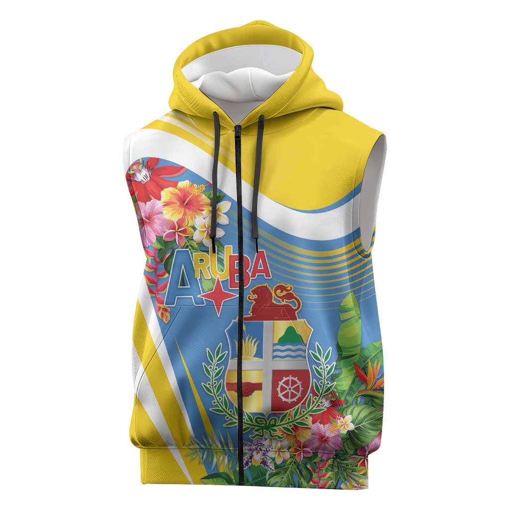 Aruba Sleeveless Zip Hoodie Coat Of Arms With Tropical Flowers