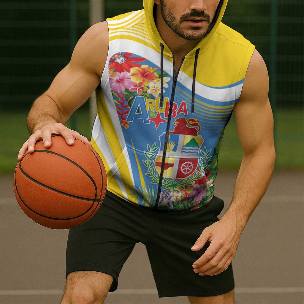 Aruba Sleeveless Zip Hoodie Coat Of Arms With Tropical Flowers