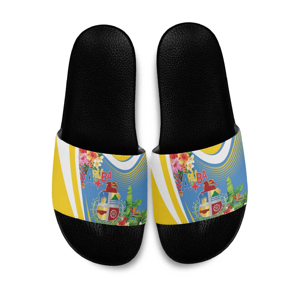 Aruba Slide Sandals Coat Of Arms With Tropical Flowers