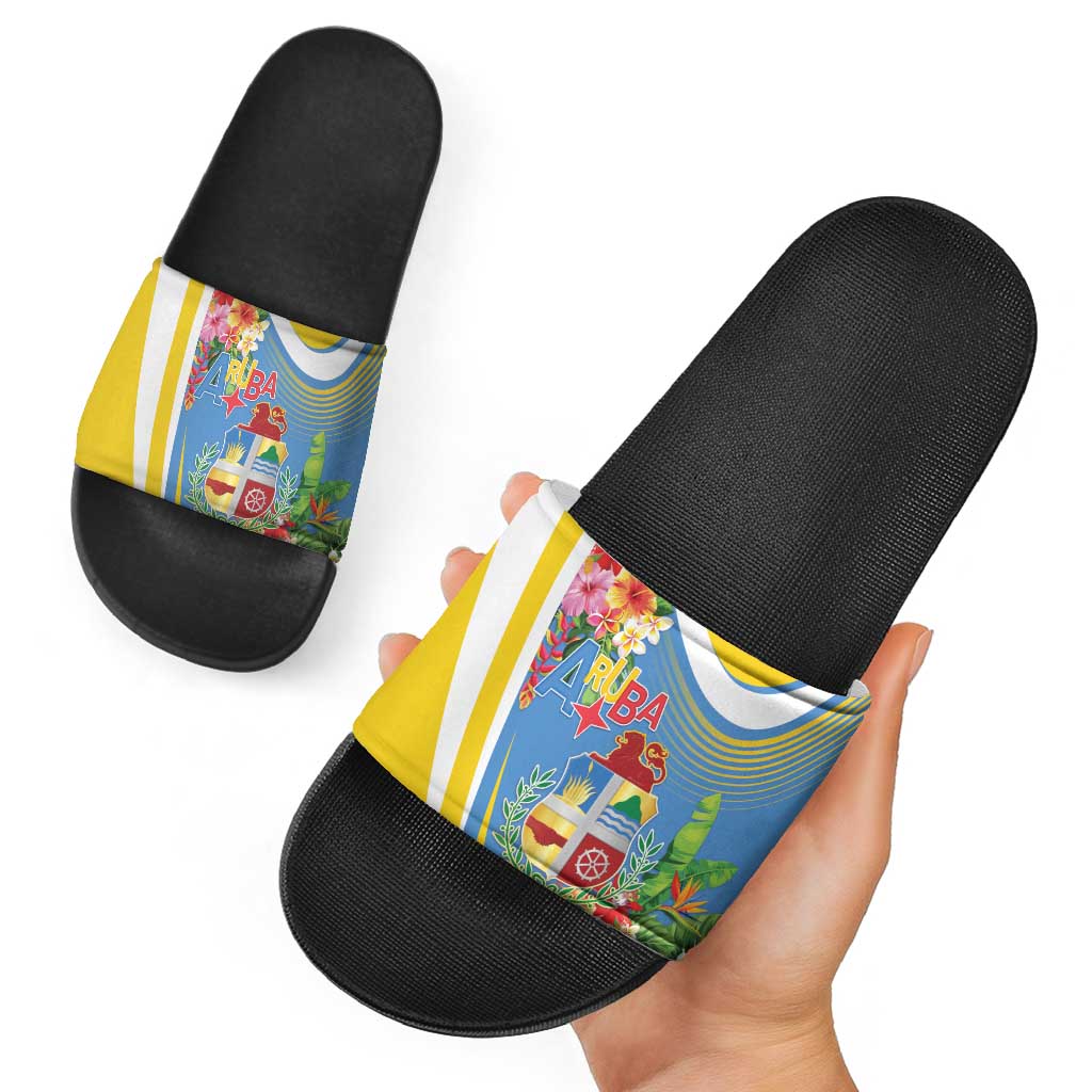 Aruba Slide Sandals Coat Of Arms With Tropical Flowers