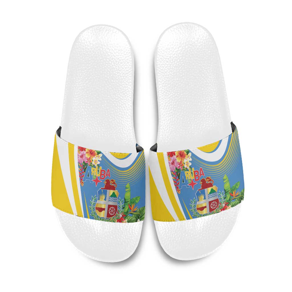 Aruba Slide Sandals Coat Of Arms With Tropical Flowers