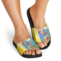 Aruba Slide Sandals Coat Of Arms With Tropical Flowers