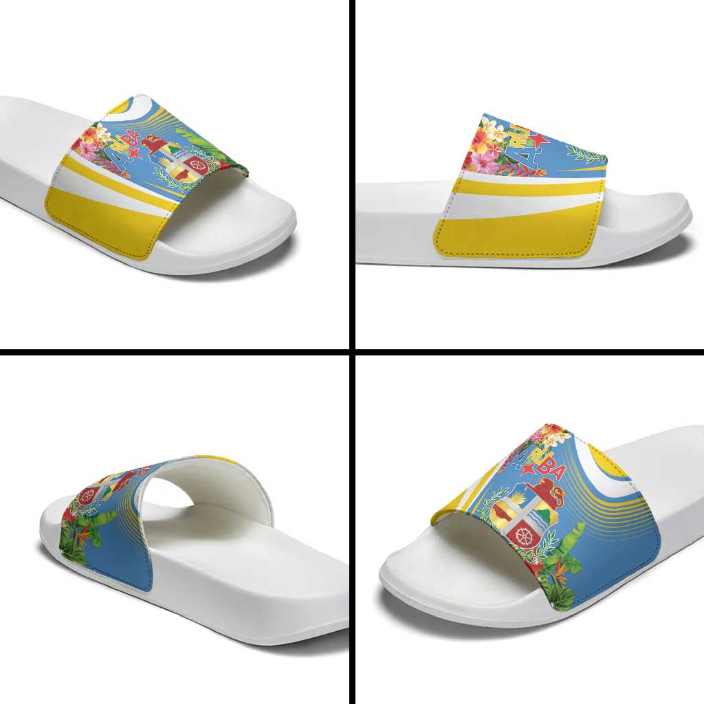 Aruba Slide Sandals Coat Of Arms With Tropical Flowers