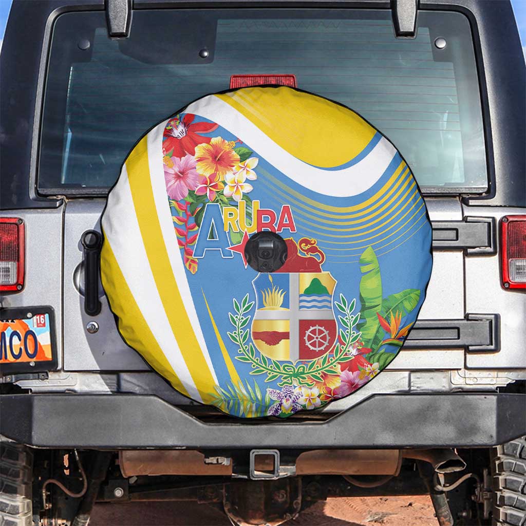 Aruba Spare Tire Cover Coat Of Arms With Tropical Flowers
