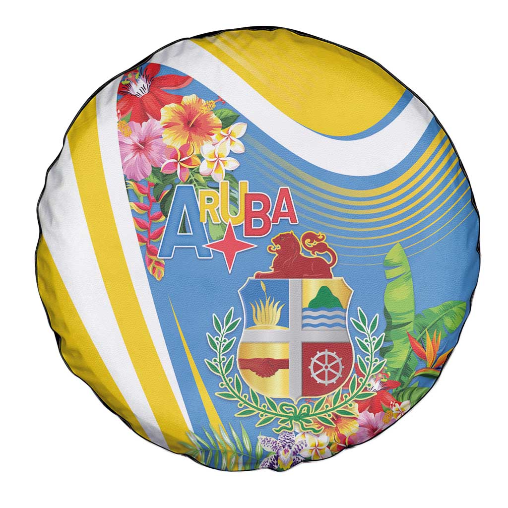 Aruba Spare Tire Cover Coat Of Arms With Tropical Flowers
