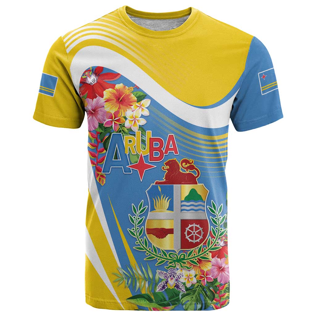 Aruba T Shirt Coat Of Arms With Tropical Flowers