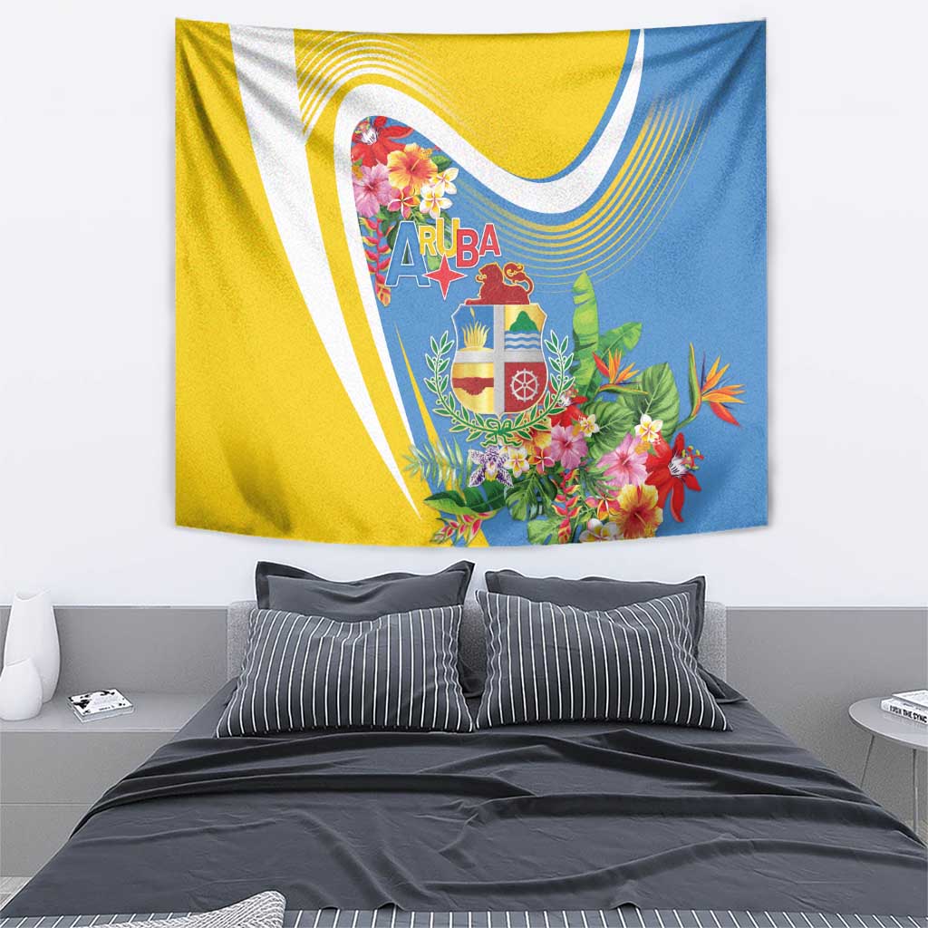 Aruba Tapestry Coat Of Arms With Tropical Flowers