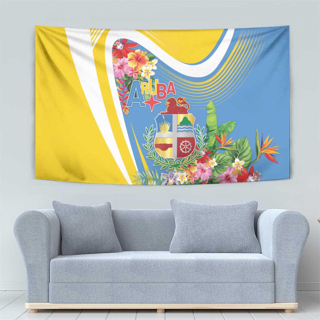 Aruba Tapestry Coat Of Arms With Tropical Flowers