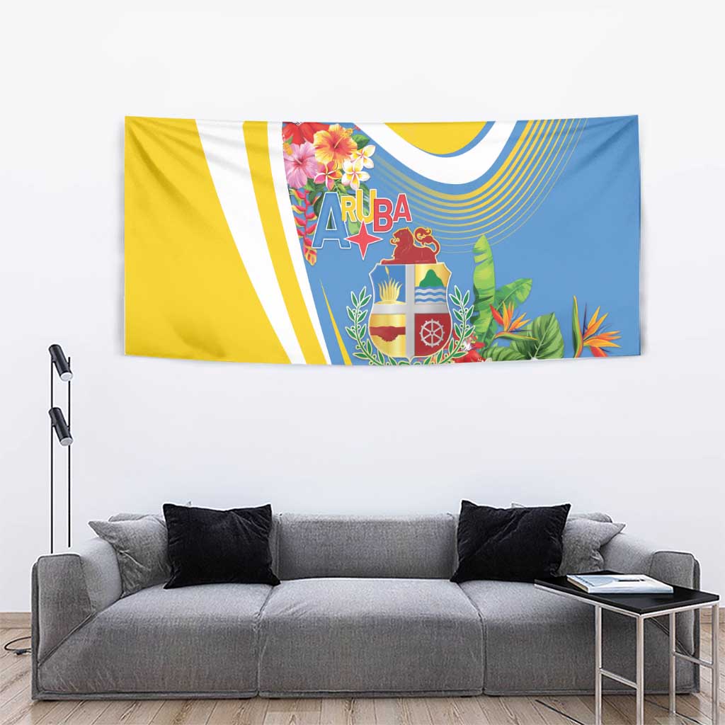 Aruba Tapestry Coat Of Arms With Tropical Flowers