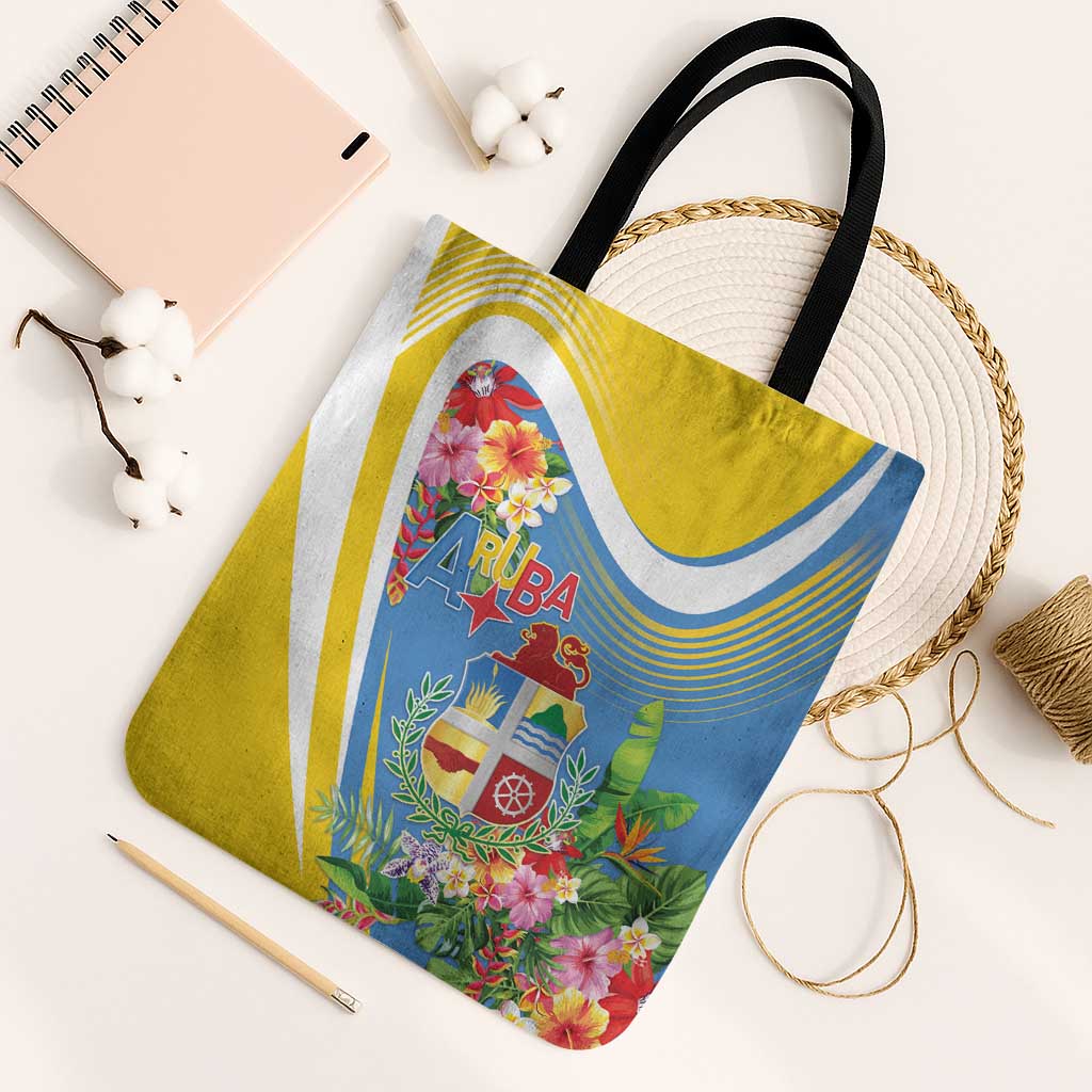 Aruba Tote Bag Coat Of Arms With Tropical Flowers