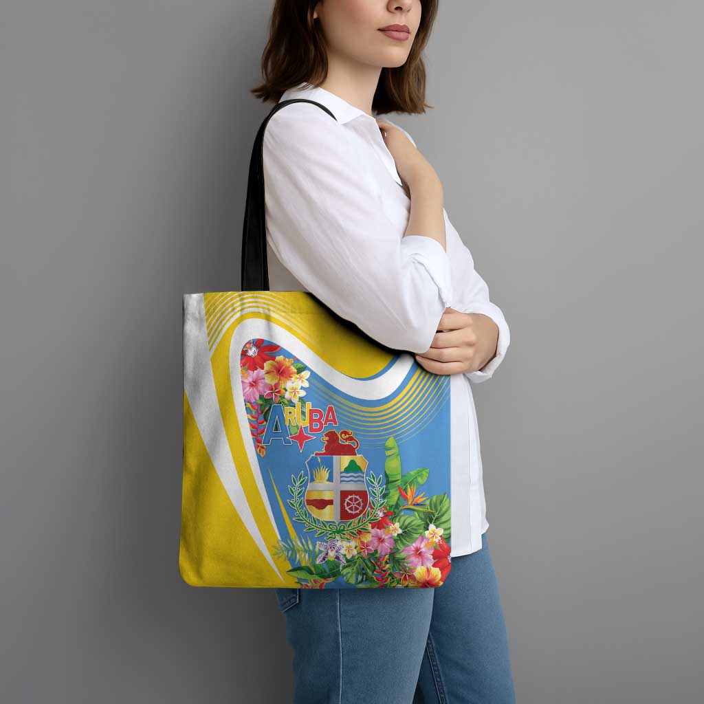 Aruba Tote Bag Coat Of Arms With Tropical Flowers