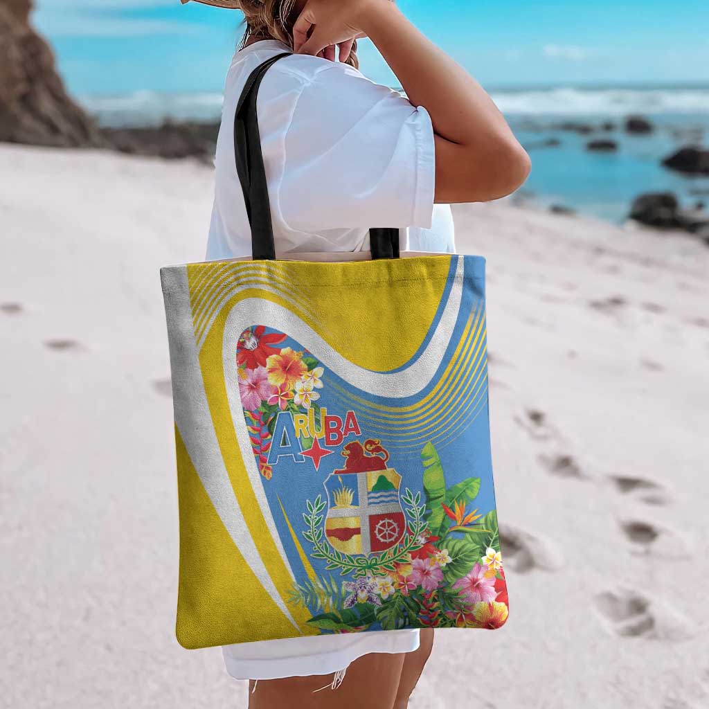 Aruba Tote Bag Coat Of Arms With Tropical Flowers