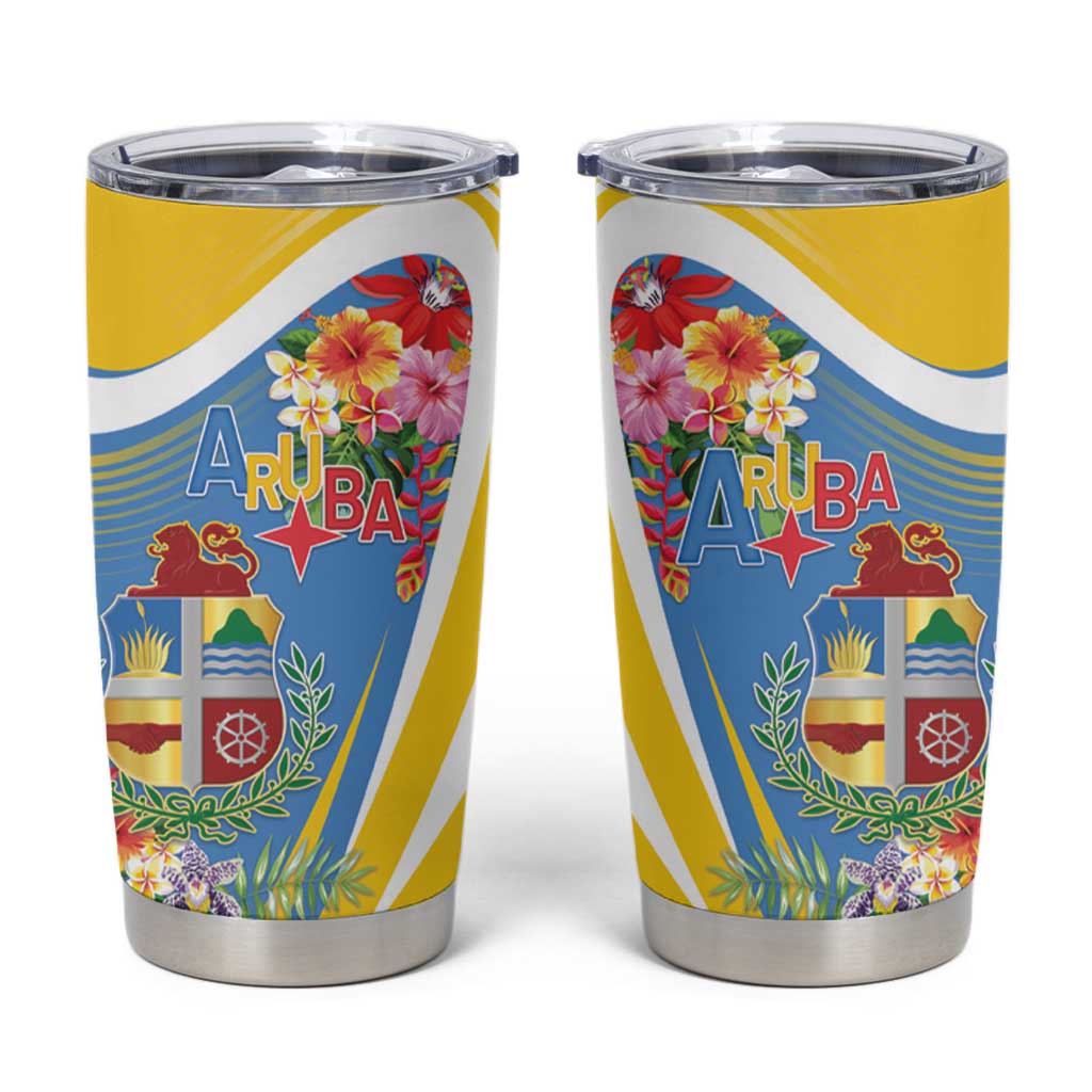Aruba Tumbler Cup Coat Of Arms With Tropical Flowers