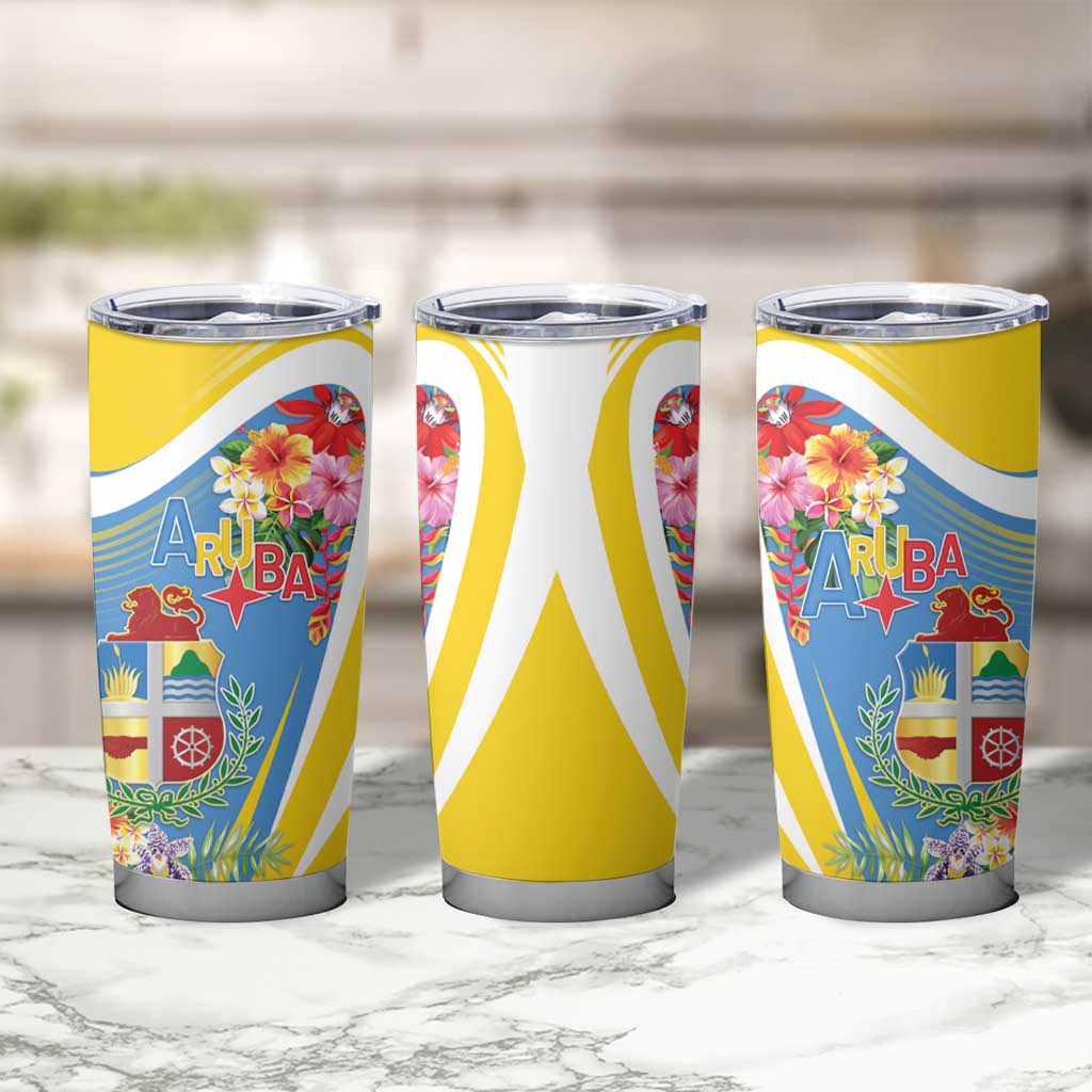 Aruba Tumbler Cup Coat Of Arms With Tropical Flowers