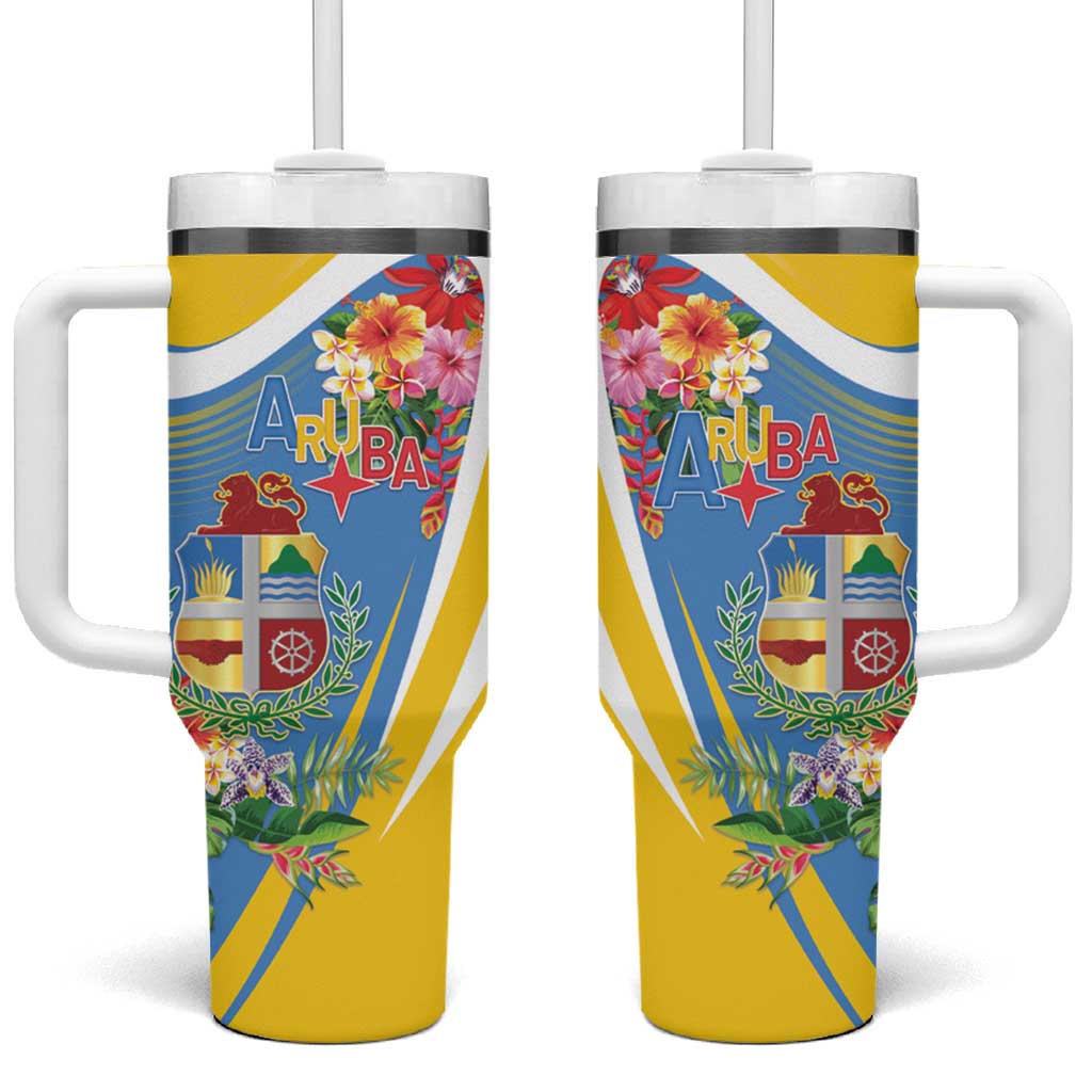 Aruba Tumbler With Handle Coat Of Arms With Tropical Flowers