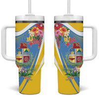 Aruba Tumbler With Handle Coat Of Arms With Tropical Flowers