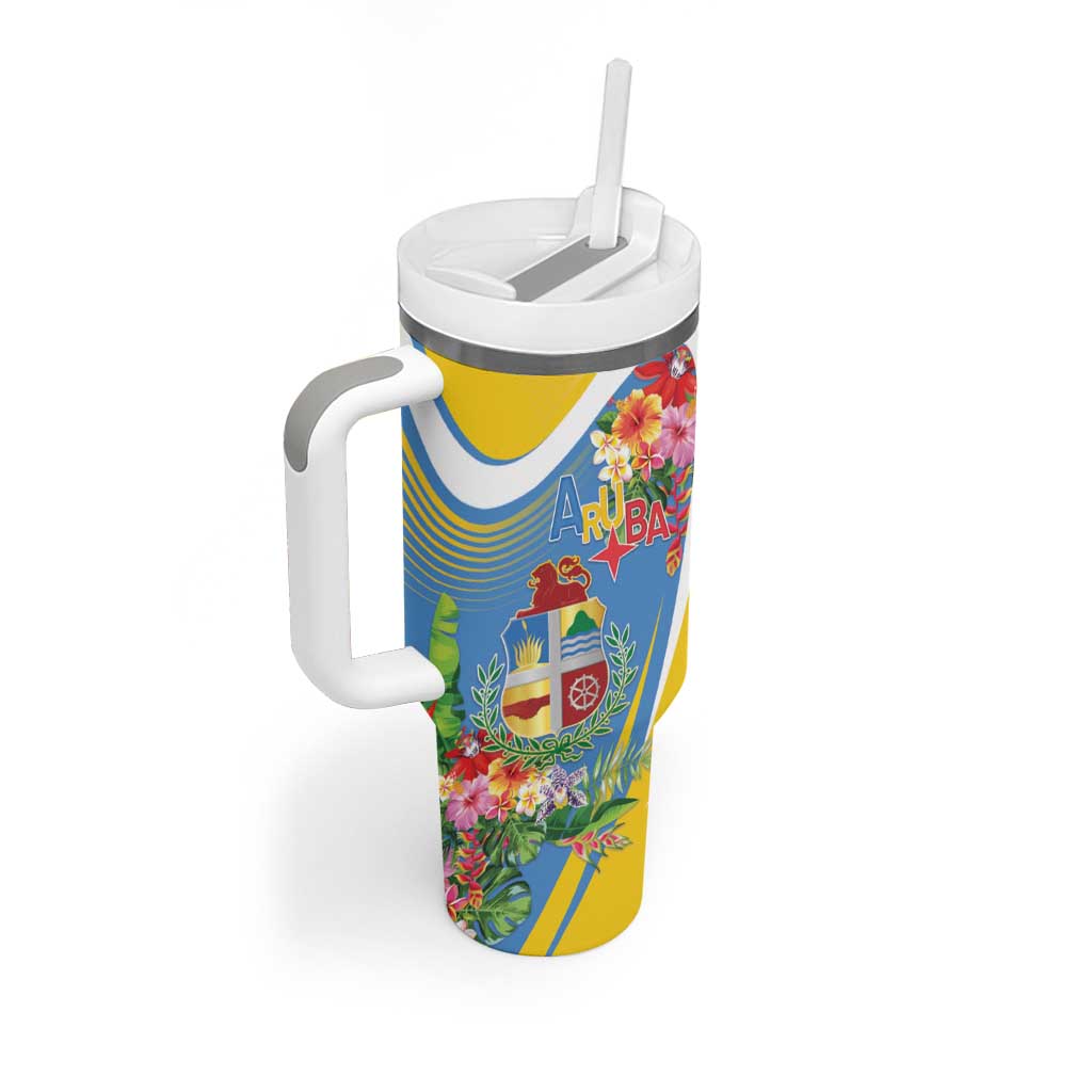 Aruba Tumbler With Handle Coat Of Arms With Tropical Flowers