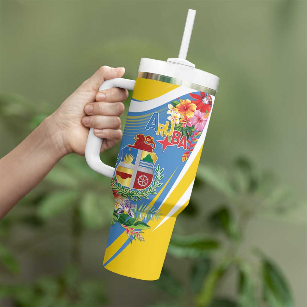 Aruba Tumbler With Handle Coat Of Arms With Tropical Flowers