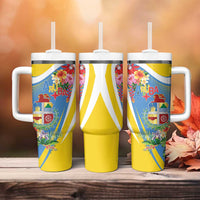 Aruba Tumbler With Handle Coat Of Arms With Tropical Flowers