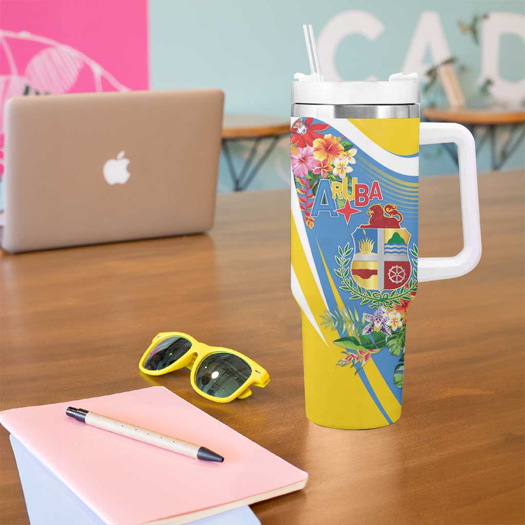 Aruba Tumbler With Handle Coat Of Arms With Tropical Flowers
