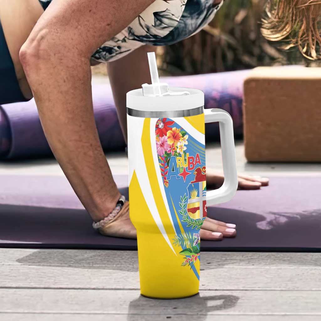 Aruba Tumbler With Handle Coat Of Arms With Tropical Flowers