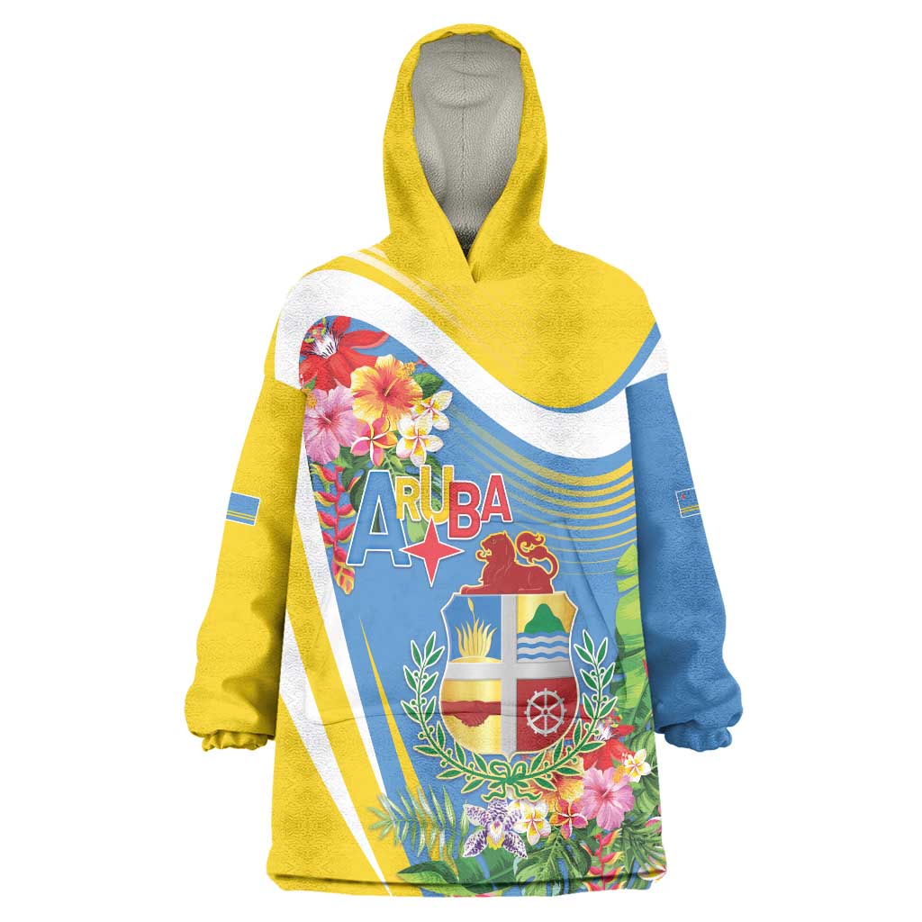 Aruba Wearable Blanket Hoodie Coat Of Arms With Tropical Flowers