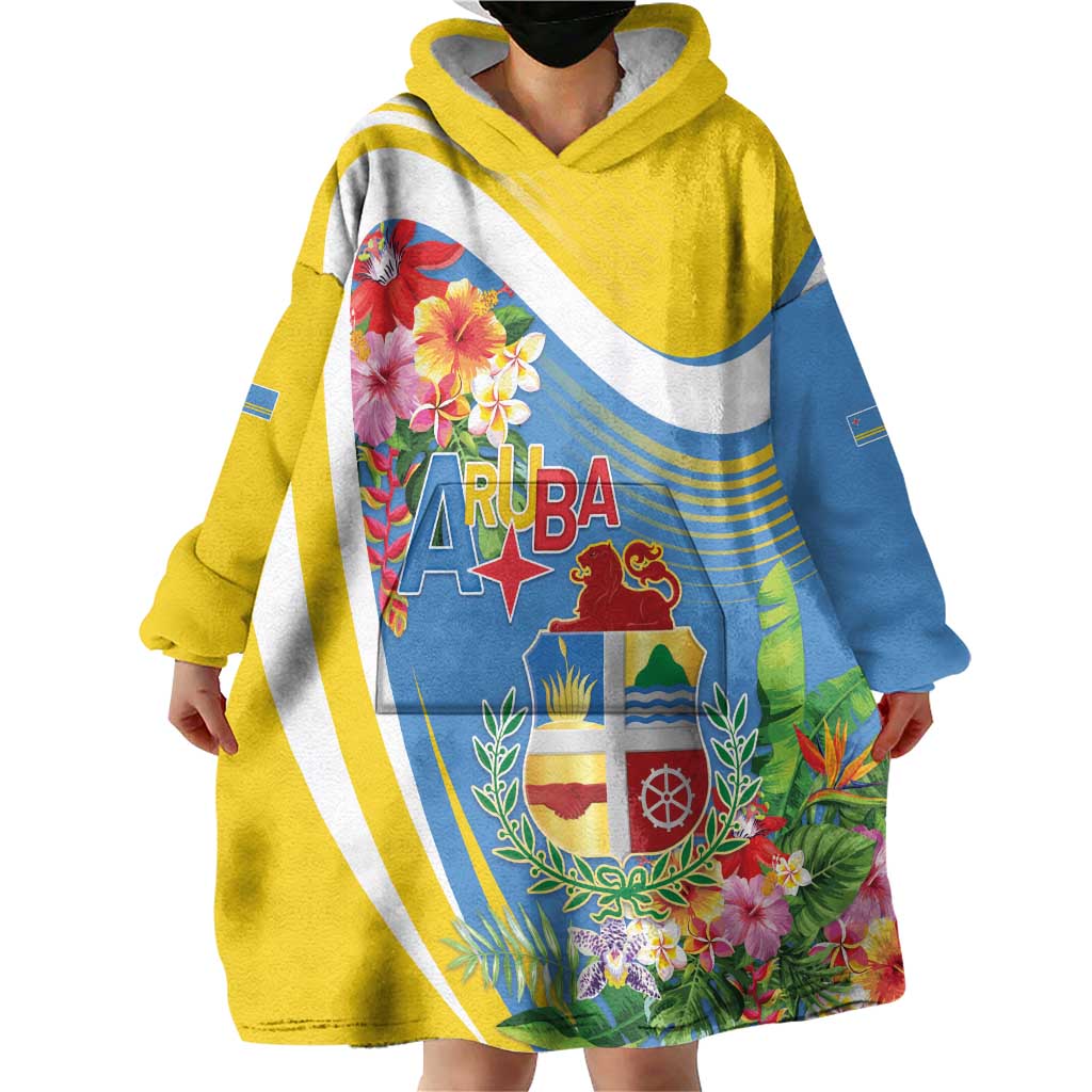 Aruba Wearable Blanket Hoodie Coat Of Arms With Tropical Flowers