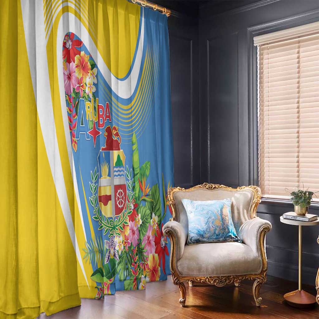 Aruba Window Curtain Coat Of Arms With Tropical Flowers