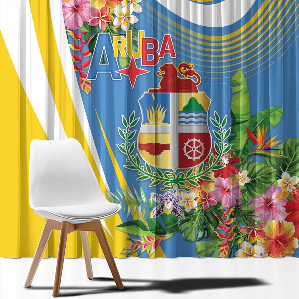 Aruba Window Curtain Coat Of Arms With Tropical Flowers
