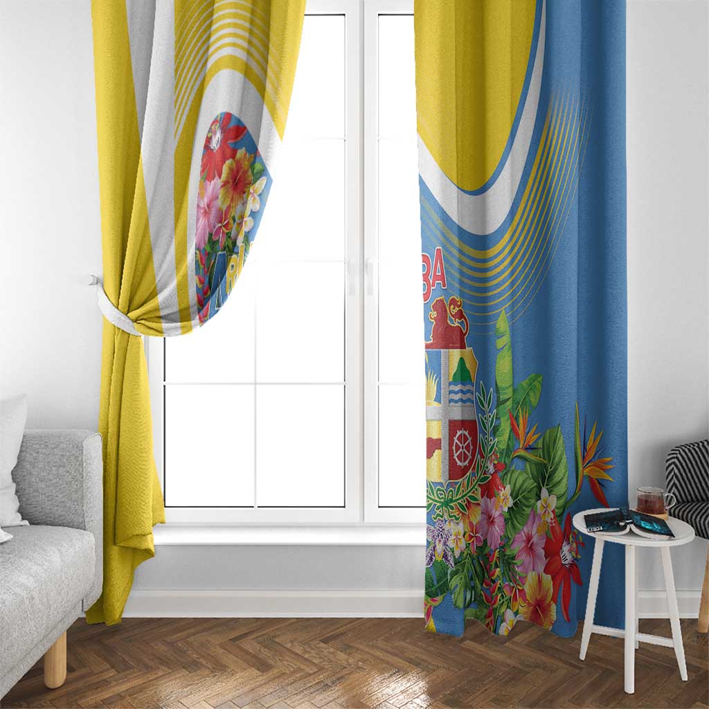 Aruba Window Curtain Coat Of Arms With Tropical Flowers