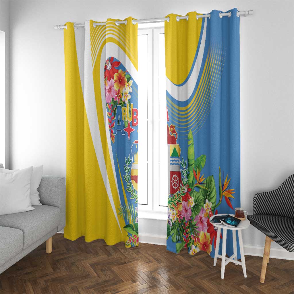 Aruba Window Curtain Coat Of Arms With Tropical Flowers