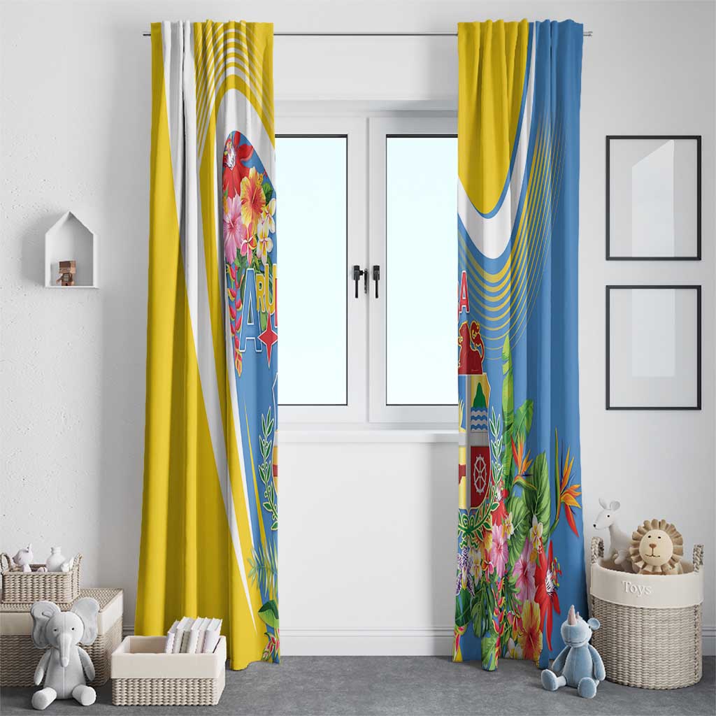 Aruba Window Curtain Coat Of Arms With Tropical Flowers