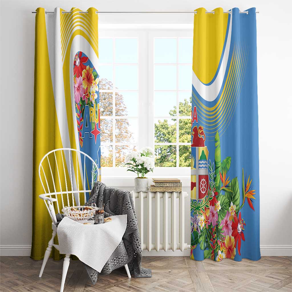 Aruba Window Curtain Coat Of Arms With Tropical Flowers