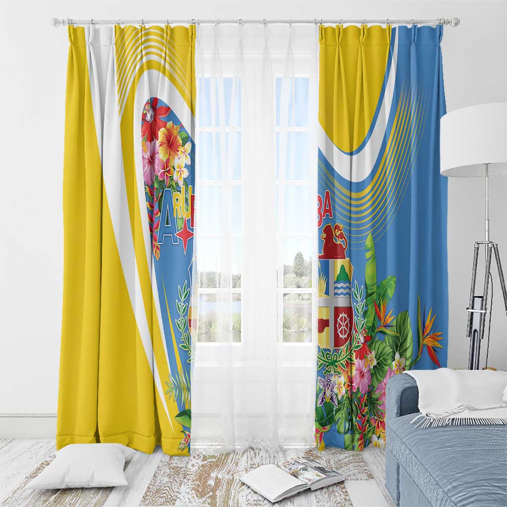 Aruba Window Curtain Coat Of Arms With Tropical Flowers