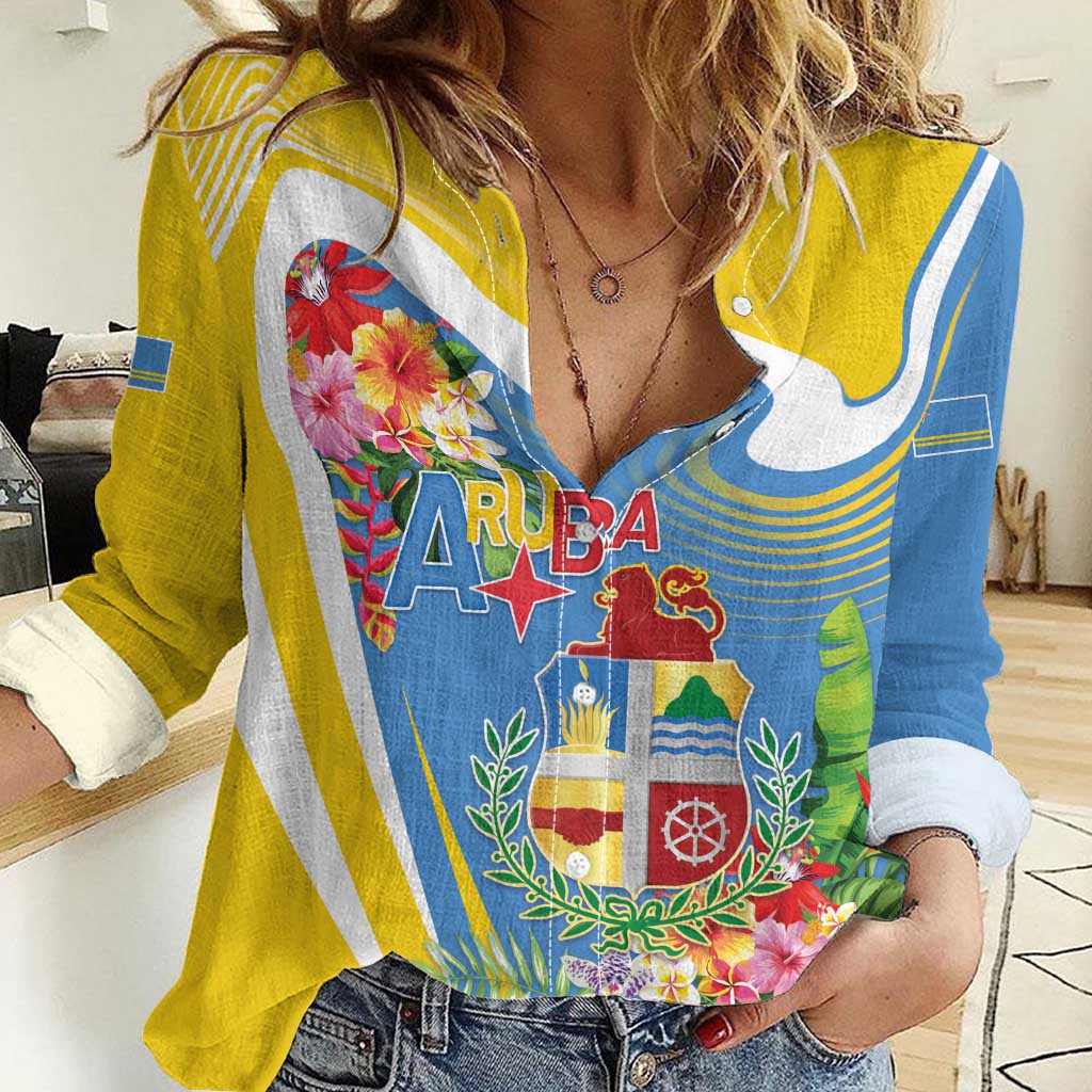 Aruba Women Casual Shirt Coat Of Arms With Tropical Flowers