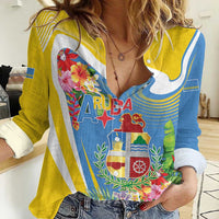Aruba Women Casual Shirt Coat Of Arms With Tropical Flowers