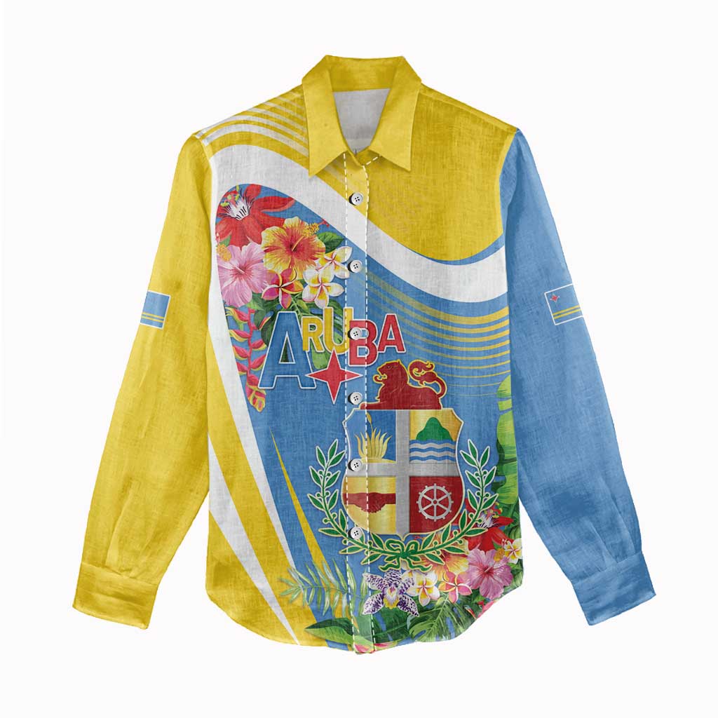 Aruba Women Casual Shirt Coat Of Arms With Tropical Flowers