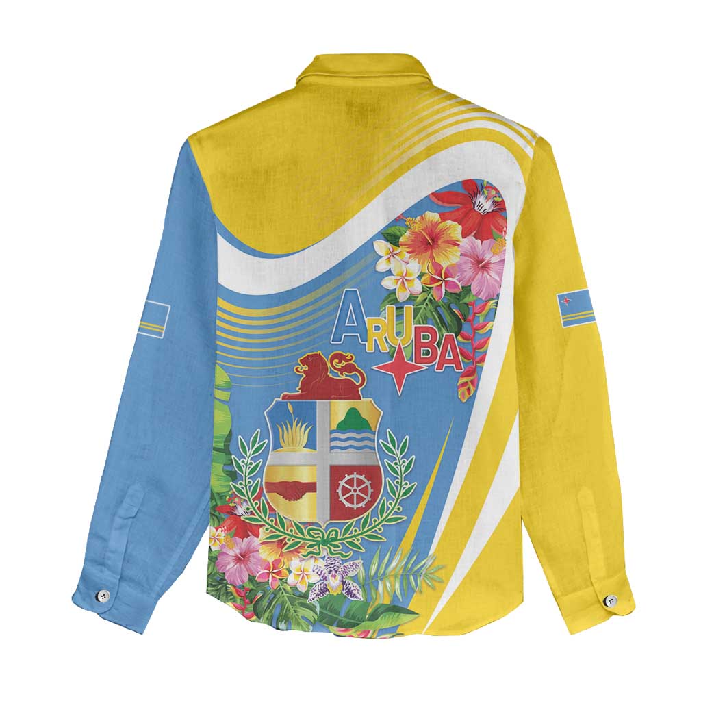 Aruba Women Casual Shirt Coat Of Arms With Tropical Flowers
