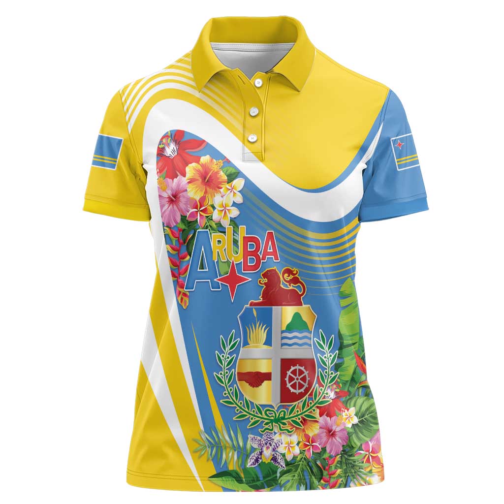 Aruba Women Polo Shirt Coat Of Arms With Tropical Flowers
