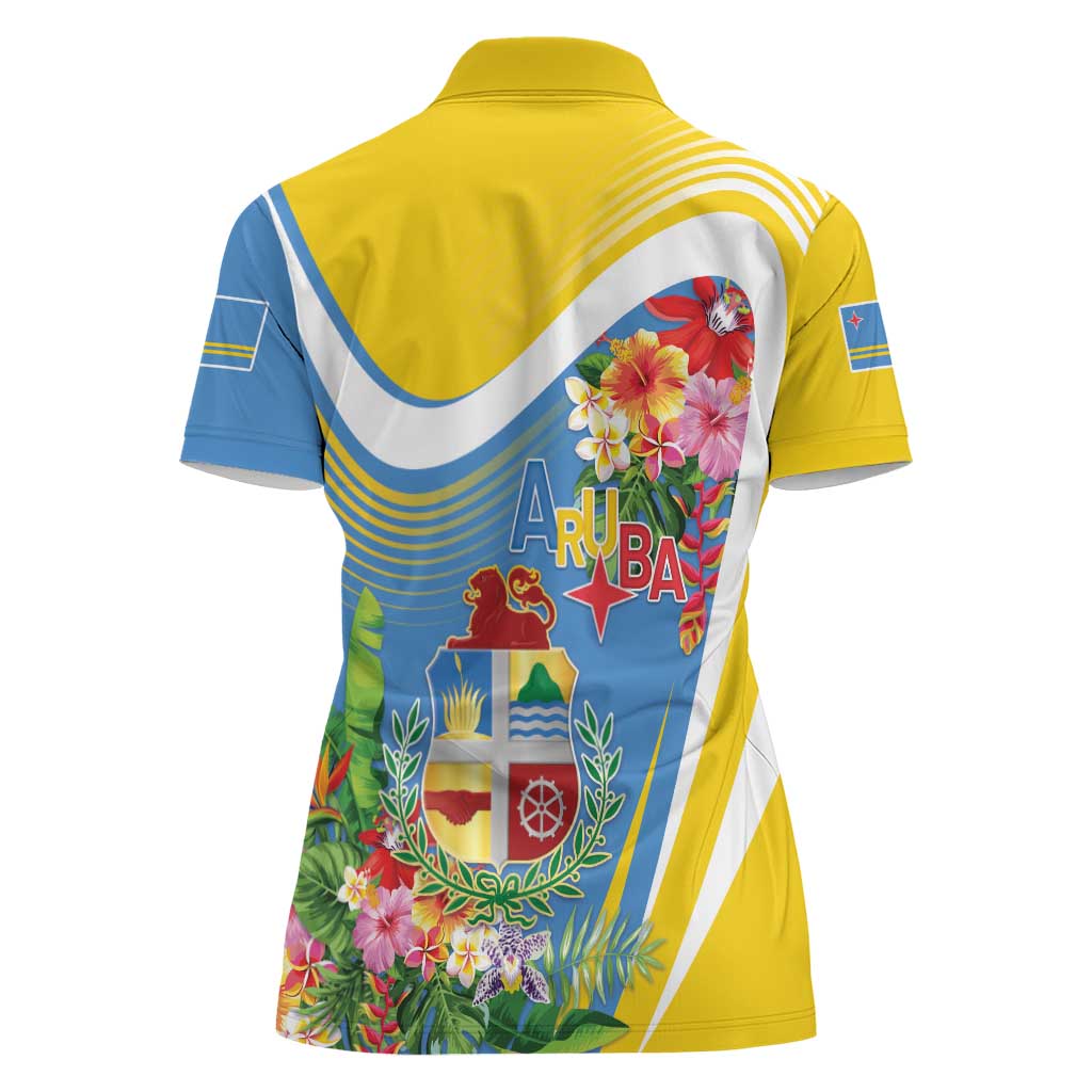 Aruba Women Polo Shirt Coat Of Arms With Tropical Flowers