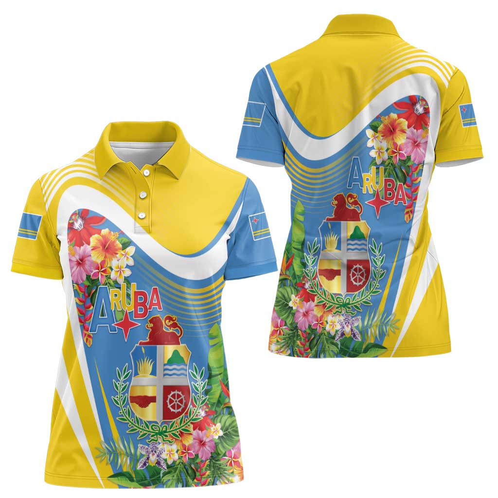 Aruba Women Polo Shirt Coat Of Arms With Tropical Flowers