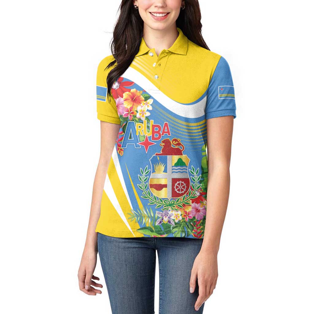 Aruba Women Polo Shirt Coat Of Arms With Tropical Flowers